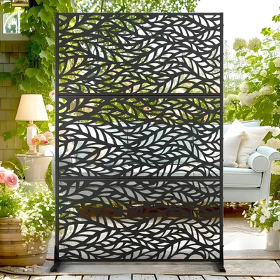 Produktbild von Garten-Sichtschutz - Freistehender Metall-Paravent - 120 x 180 cm - Schwarze Blätter - Windschutz - Für Terrasse - Für Innen- und Außenbereich