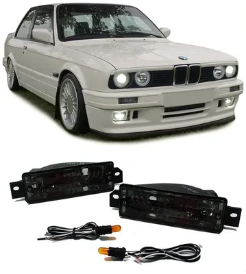 Immagine prodotto di Frecce laterali nere con luce di posizione, lato sinistro e destro, per BMW Serie 3 (E30) dal 1987 al 1993, indicatori di direzione anteriori