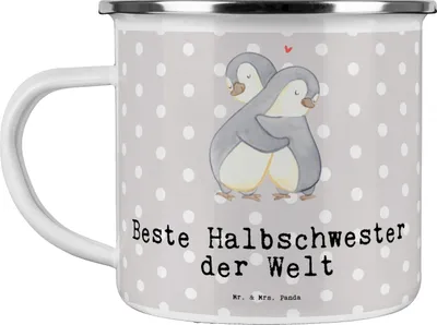 Produktbild von Mr. & Mrs. Panda Teebecher Pinguin Beste Halbschwester der Welt - Grau Pastell - Geschenk, Schwestern, Liebe, Kinder, Familie, Pott, Haferl, Stiefschwester, Emaille Tasse