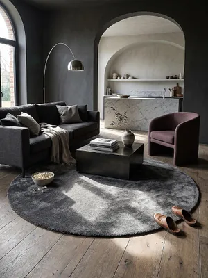 Teppich Anthrazit rund im modernen Wohnzimmer_#sku_SAF33330-SAF36493-SAF38159#
