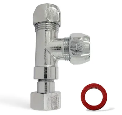 Produktbild von Abzweigstück Messing für Eckventil 3/8 Zoll, Abgang 2x 3/8 Zoll mit 10 mm Quetschverschraubung