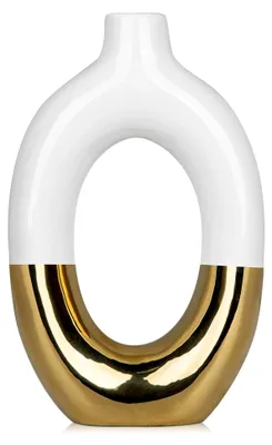 Produktbild von Keramikvase in Weiß und Gold für die Wohnraumgestaltung, Hohes Donut-Design, Dekorative Blumenvase, Moderne Vase für Trockenblumen, Schlafzimmer, Wohnzimmer, Tischdekoration