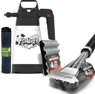 Produktbild von bio-chem Grill Zubehör Reinigungsset 4-teilig: 1x Schaumsprüher, 1x Grillbürste mit Schaber, 1x Grillschwamm für Grillrost & 1x Premium-Mikrofasertuch - Praktisches Reinigungszubehör für jeden Grill