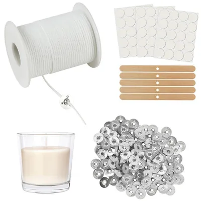 Produktbild von Kerzendocht Set 61 m - Mit 120 Eisenständern 120 Stickern und 10 Holzdochthaltern - Für DIY Kerzen und Öllampen