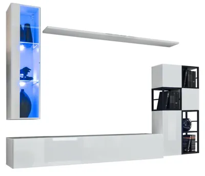 Produktbild von Hänge Vitrine Weiß Wohnwand Designer TV Ständer Komplett 9tlg Holzmöbel Regale