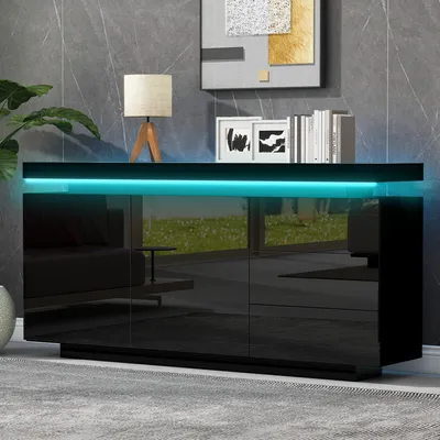 Zdjęcie produktu dla Komoda LED z 2 drzwiami i 3 szufladami, 140 x 35 x 72,5 cm, czarna, wykończenie na wysoki połysk, komoda bez uchwytów do salonu i przedpokoju