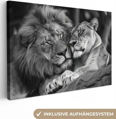 Produktbild von MuchoWow® - Leinwandbilder - Löwen - Tiere - Schwarz - Weiß - Löwe, Wandbild, Wanddeko Bilder Wohnzimmer, 120x80cm