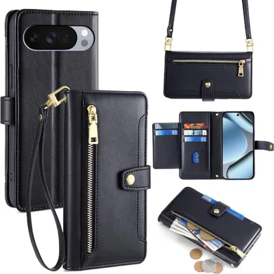 A collage of images showing a black leather wallet-style phone case with a crossbody strap and zipper pocket, as well as internal card slots and a phone holder.