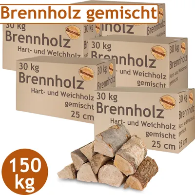 Obrázek produktu pro Krbové dřevo Smíšené palivové dřevo 150 kg Buk Dub Bříza Borovice Smrk Dřevo pro kamna a krb Krbová mísa Grilovací dřevo 25 cm Komorové dřevo Sušené Flameup