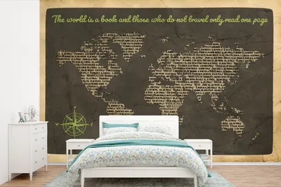 Produktbild von MuchoWow® Fototapete für Wohnzimmer oder Schlafzimmer Wandtapete Vinyl Motivtapete Weltkarte - Zitat - Bücher - 360x240 cm - Vinyl-Tapete