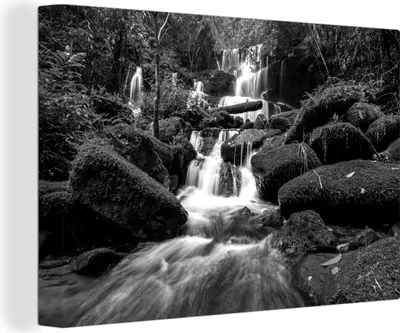 Produktbild von OneMillionCanvasses® - Leinwandbilder - 140x90 cm, Wasserfall im Wald - schwarz und weiß, Wandbilder Kunstdruck Wanddekoration