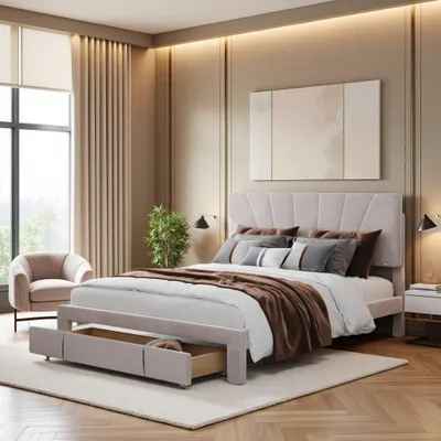 A bedroom scene featuring a bed with storage drawers, a chair, and a window.