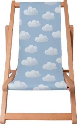 A wooden deck chair with a blue fabric seat featuring a pattern of white clouds.