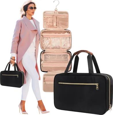 Produktbild von Wobell | Geräumige, elegante, aufklappbare 4-Kammer-Reisekosmetiktasche mit Aufhängehaken, wasserdicht, Haken, XXL Fassungsvermögen, schwarz/gold