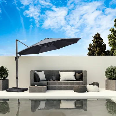 Produktbild von PURPLE LEAF 330 cm Sonnenschirm groß Ampelschirm Rund 360-Grad drehbar mit Fußpedal und Kreuzsockel für Terrasse, Balkon Sonnenschutz, Grau