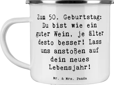 Produktbild von Mr. & Mrs. Panda Teetasse Spruch 50. Geburtstag - Weiß - Geschenk, Dekoration, Kaffeepott, Geburtstagsgeschenk, Emaille Becher, Alter, handgefertigt, Happy Birthday, Pott