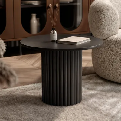 Produktbild von Idohome - Runder Couchtisch BARNEY mit geriffeltem Sockel Wohnzimmer Kaffeetisch Metalgestell Wohnzimmertisch 60 x 38 cm (Ø x H) Schwarz