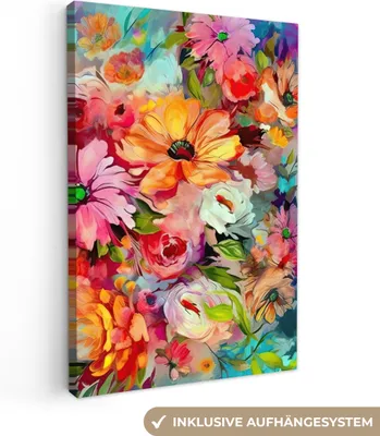 Produktbild von MuchoWow® - Leinwandbilder - Blumen - Farbenfroh - Kunst - Ölgemälde, Wandbild, Wanddeko Bilder Wohnzimmer, 40x60 cm