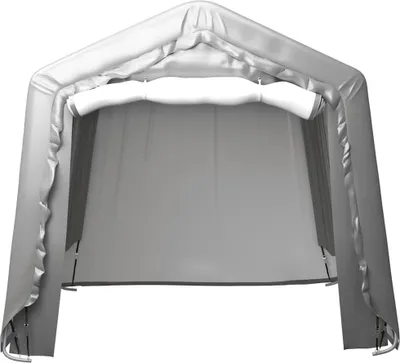 A front view of a gray storage tent.