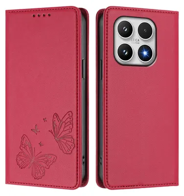 Produktbild von Lederhülle für Xiaomi 17, Schmetterling Prägung Leder Brieftasche Schutzhülle mit Ständer Rot