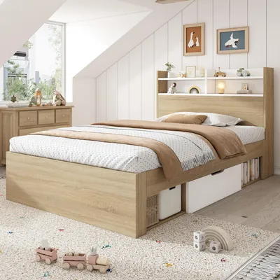 Image de MODFU Lit simple 90 x 190 cm pour enfant avec 2 tiroirs et des étagères ouvertes, cadre de lit pour adolescent avec tablette de rangement à la tête de lit et sommier à lattes, blanc / chêne (sans matelas)