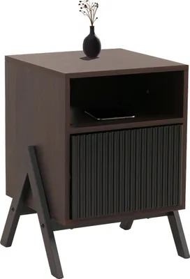 Zdjęcie produktu dla Stolik nocny HWC-O40, stolik nocny szafka nocna szuflada MDF metal melamina 59x40x40cm ~ orzechowy wygląd