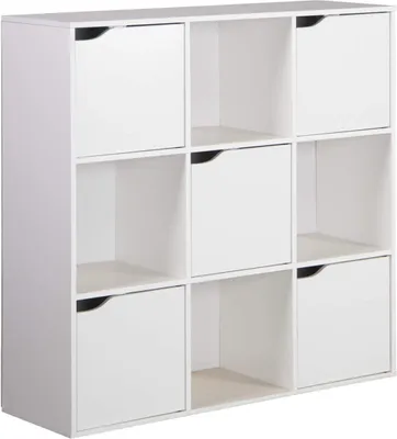 A white cube storage unit with nine compartments, some of which have doors.