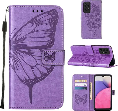 Produktbild von Galaxy A33 5G Hülle, Schmetterling Prägung Flip Leder Kartenfächer Schutzhülle Ledertasche mit Ständer für Samsung Galaxy A33 5G Violett