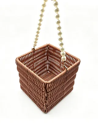 Quadratischer Blumenmädchenkorb mit Perlenhenkel, 16×14 cm