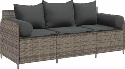 Produktbild von vidaXL Gartensofa mit Kissen 3-Sitzer Grau Poly Rattan