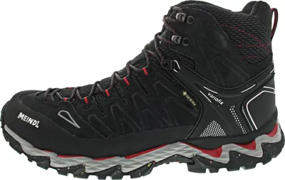 A side view of a black and red hiking boot.