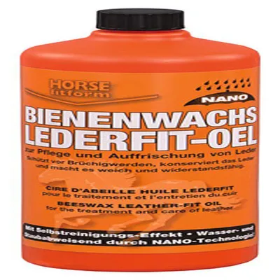An orange bottle of Bienenwachs Lederfit-Öl with text and branding.
