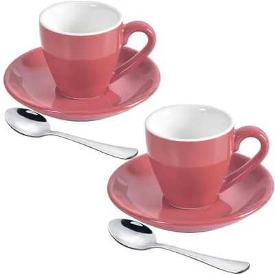 Produktbild von Espressotassen Set mit Untertassen und Löffeln, Porzellan, 80 ml, 2 Stück, Rosa