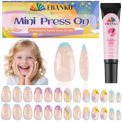 Immagine prodotto di Pressa per unghie per bambini, 26 pezzi, forma mandorla, colore nude, unghie finte per bambine dai 6 ai 10 anni