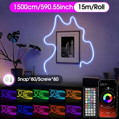 Produktbild von Flexibler LED-Neon-Lichtschlauch - RGB-Lichtstreifen - 15 m - App/Fernbedienung - Wasserdicht - Musik-Synchronisation - Zuschneidbar - 24 V