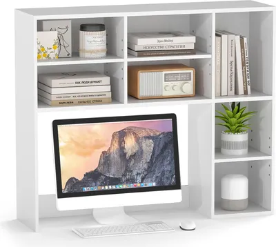 Zdjęcie produktu dla COSTWAY Półka na biurko, półka na biurko z 7 przegrodami, półka na monitory do 27", półka na książki, 94 x 25 x 79 cm, biała