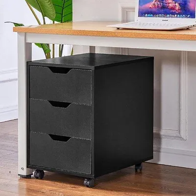 Productafbeelding van Rolcontainer Bureau - Archiefkast Mobiel - Thuiswerkplek Organiseren - 3 Laden Met Wielen - 57.5 cm Hoog - Zwart