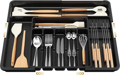 Produktbild von PolkaHome® Besteckkasten Organizer, Ausziehbarer Besteckhalter mit 2 Abnehmbaren Messerablagen, 6-9 Fächer Verstellbarer Besteckeinsatz