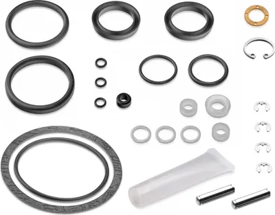 A collection of various seals and small parts, likely a repair kit, laid out on a white background.