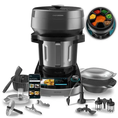 Immagine prodotto di Cecotec Robot da Cucina Multifunzionale con Dispenser de Mambo CooKing Unique Food. 2200W, 45 funzioni, migliaia di ricette guidate, caraffa Unique da 4,5L, accessori: vaporiera o pentola per stufare