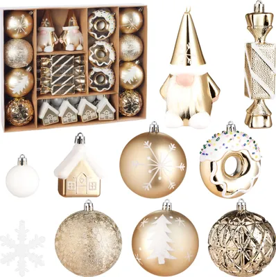 A collection of Christmas ornaments in gold and white.
