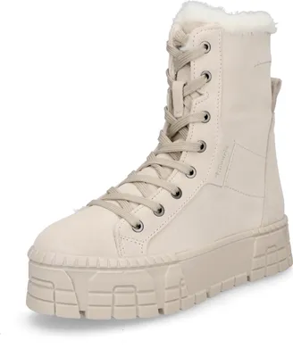 A studio shot of a beige boot.