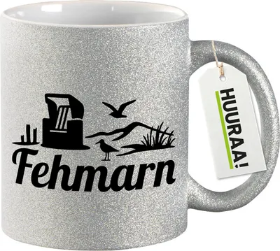 Produktbild von Huuraa Glitzertasse Fehmarn Strandmotiv 330ml Silber Keramik Kaffeebecher Geschenkidee