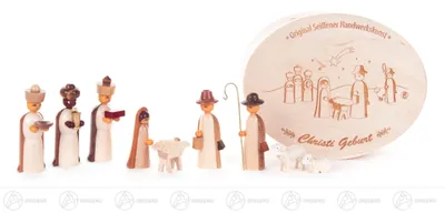 Productafbeelding van Kribfiguren en accessoires: Kribfiguren in blikdoos, naturel (9 stuks). Afmetingen: 2,5 cm (breedte) x 6 cm (hoogte) x 1,5 cm (diepte). Nieuw