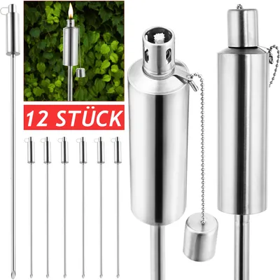 Produktbild von GARDEBRUK® Gartenfackeln für Draußen Öl 12er Set 330ml Edelstahl Metall Wetterfest 115cm Groß Outdoor Ölfackeln Docht Nachfüllbar Feuer Fackeln Boden