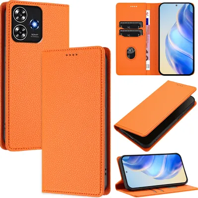 Produktbild von Litchi Leder Handyhülle für ZTE Blade A73 4G Wallet Kartenfächer Standfunktion Hülle Orange