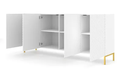 Produktbild von Kommode SURF 4D 200 cm WEIß MATT Sideboard MDF 4 Türen mit gefräster fronten Highboard Schrank Büfett BEINE GOLDEN