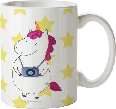 Produktbild von Mr. & Mrs. Panda Tasse Einhorn Fotograf - Weiß - Geschenk, Einhörner, Kaffeetasse, Kaffeebecher, Fotografie, bedruckt, Urlaub, Unicorn, Kamera, Becher, haferl