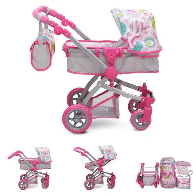 Produktbild von Puppenwagen pink Rose 9651B, verstellbarer Schiebegriff, Sonnendach, Tasche