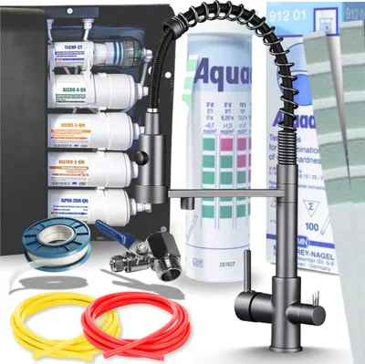 Immagine prodotto di Rubinetto da cucina a 3 vie Ari, con collegamento per filtro acqua, doppia canna, beccuccio flessibile girevole 360, grafite antracite
